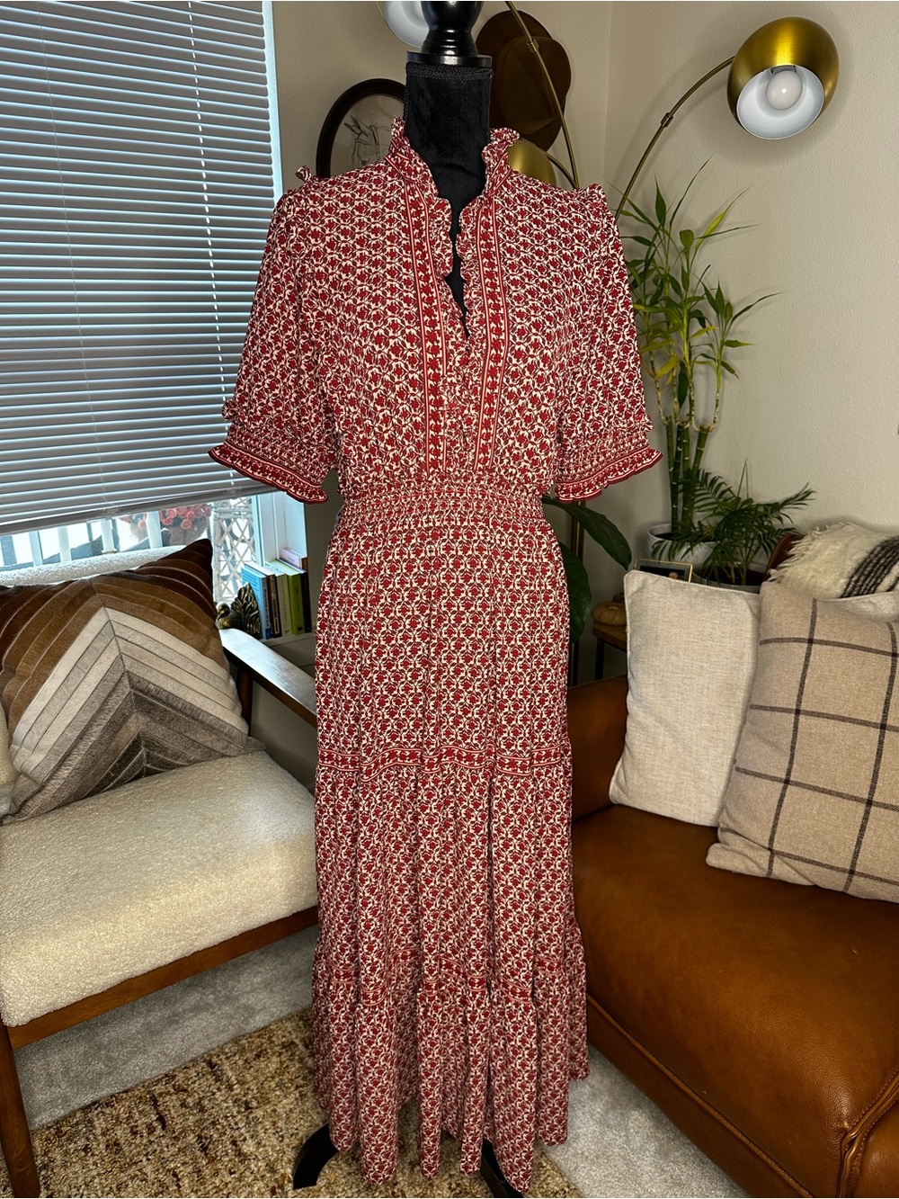 Max Studio Red Printed Maxi Dress with Smocked Waist and Ruffle Trim